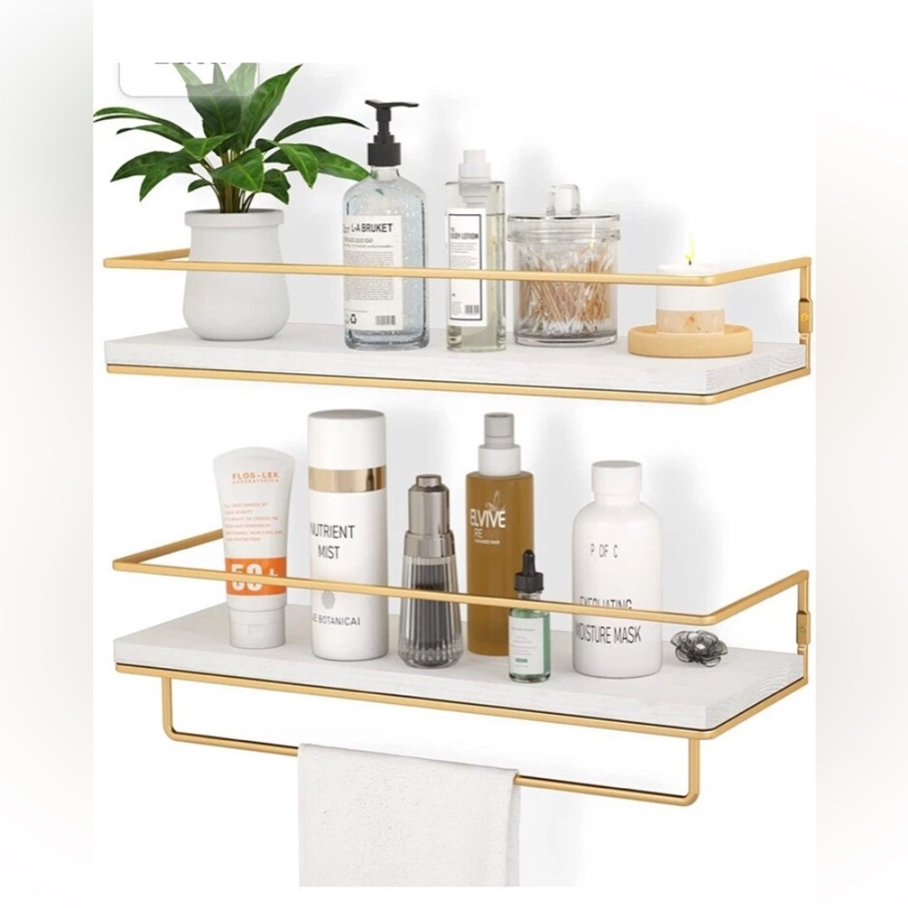 Floating Shelves White, Wall Mounted Storage Shelves with Golden